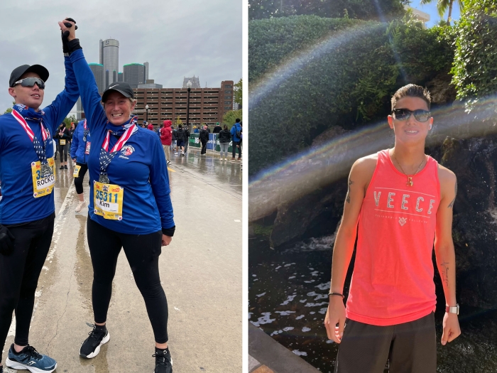 left mom and son holding hands in blue long sleeves with medals on after run and on right young man standing in red sleeves top with sunglasses on sunny smiling