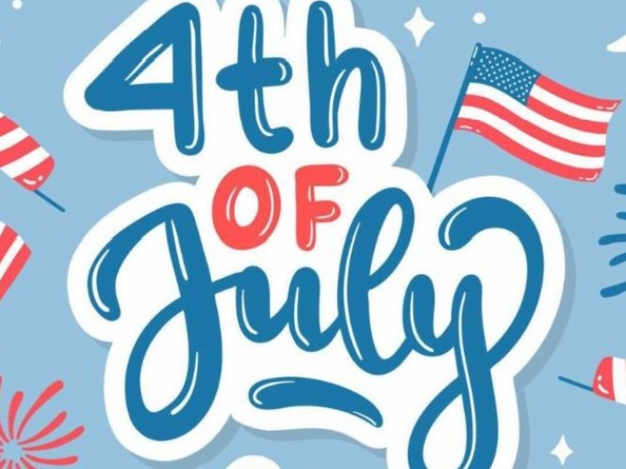 Fun illustration in red, white, and blue, with the words "fourth of July"