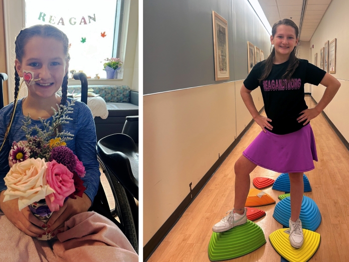 10 year old in wheelchair at hospital, also posing on physical therapy mats.