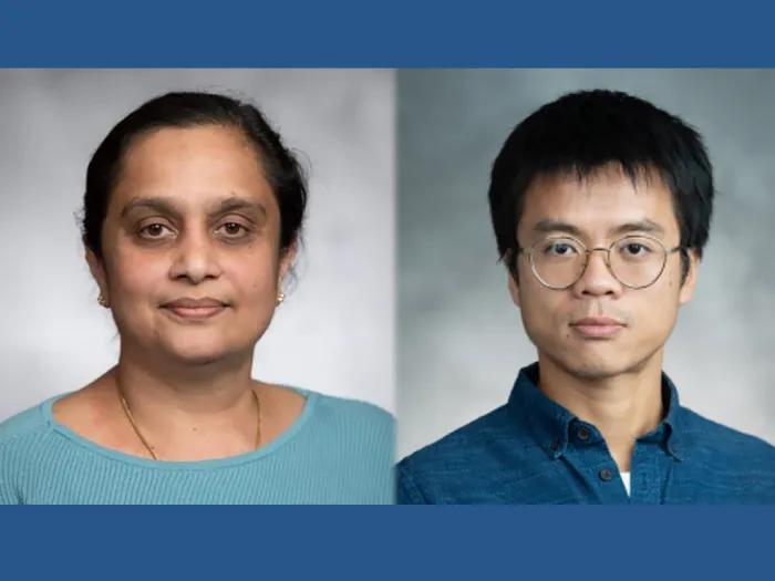 Portraits of Rajasree Menon, Ph.D., and Weichen (Arthur) Zhou, Ph.D.,