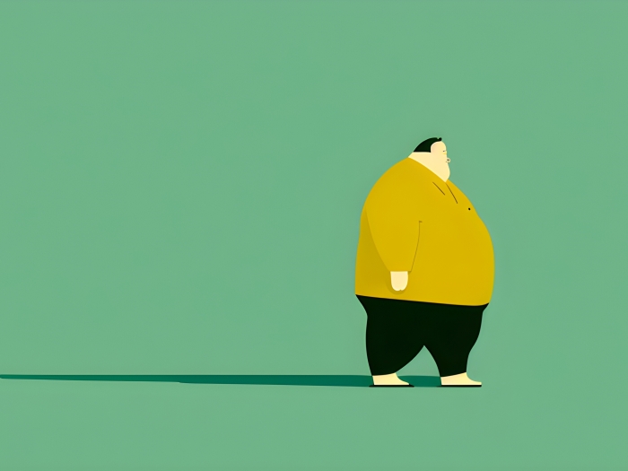 obese person walking with a shadow stretched out behind them