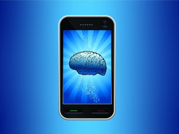cell phone with brain on screen in blue with blue background