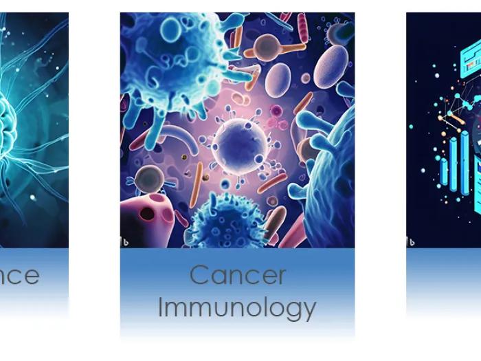 Graphic with three different boxes showing an image of the brain, cells, and technology. Underneath the boxes is written 'Neuroscience, Cancer and Immunology, and A.I.' respectively