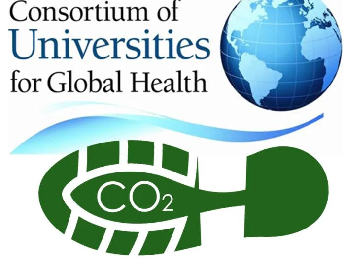 Graphic of a globe with a large green footprint underneath that has 'CO2' written on it. Next to the globe 'Consortium of Universities for Global Health' is written 