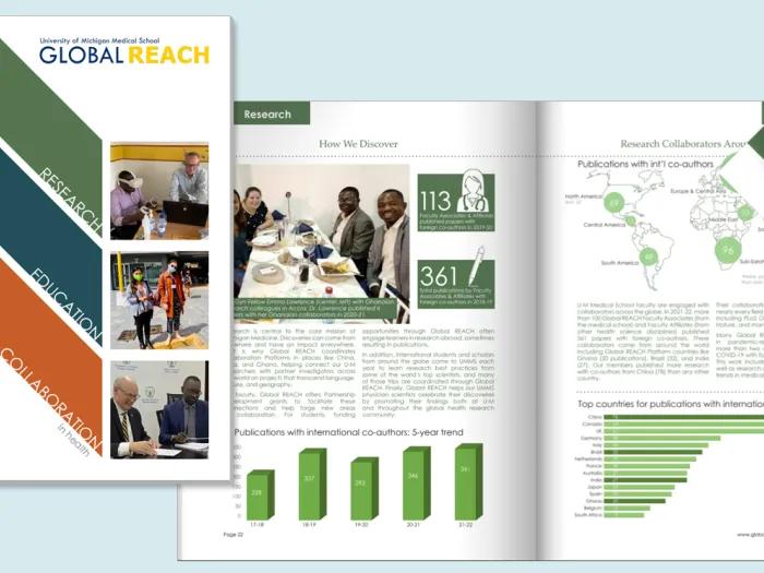 Graphic of a booklet cover and the open booklet, with graphs and charts