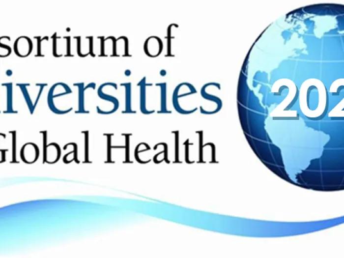 Graphic of a blue world globe with '2023' in the center. To the left of the globe, the words 'Consortium of Universities for Global Health' is written