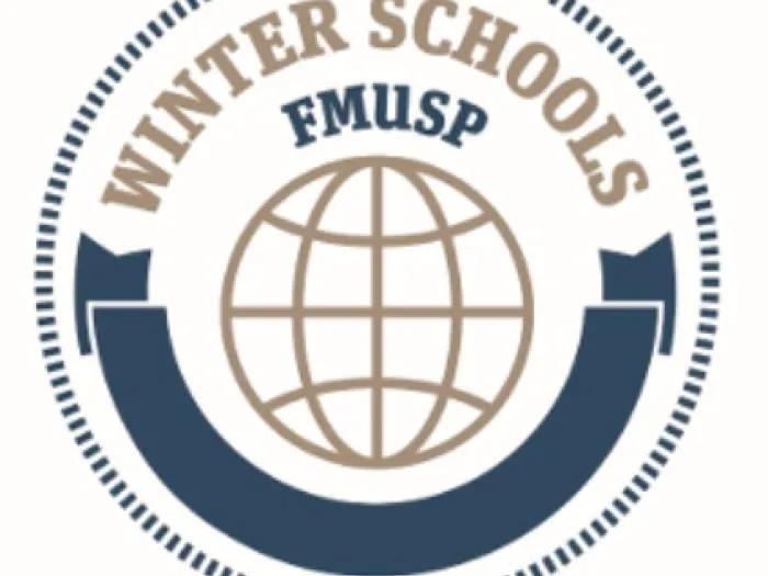 Graphic with the globe symbol and a navy blue banner underneath. 'FMUSP' is written right above the globe, and 'Winter Schools is written right above that