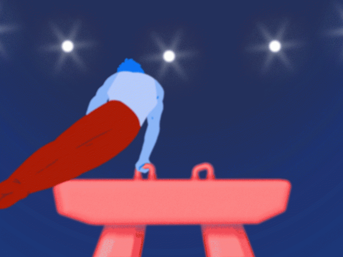 man on balance beam spinning blue background red pants starts blurry then gets clear