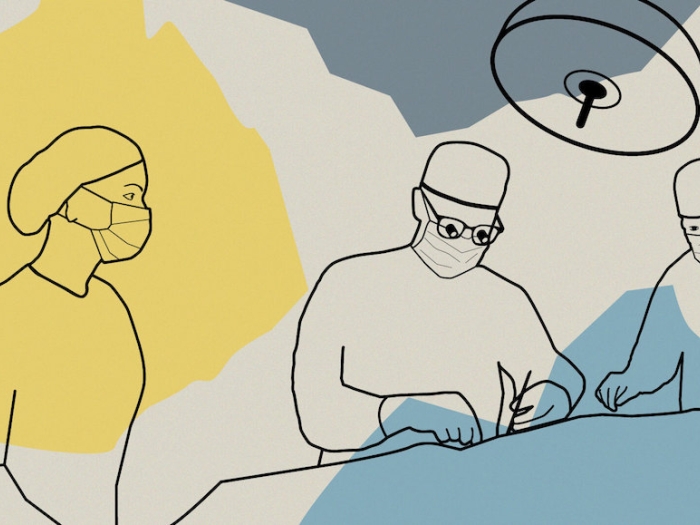 An illustrated graphic of surgeons in an operating room