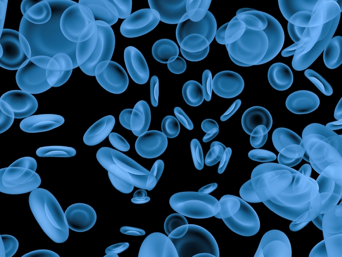 graphic of A cluster of blue blood cells illuminated against a stark black background