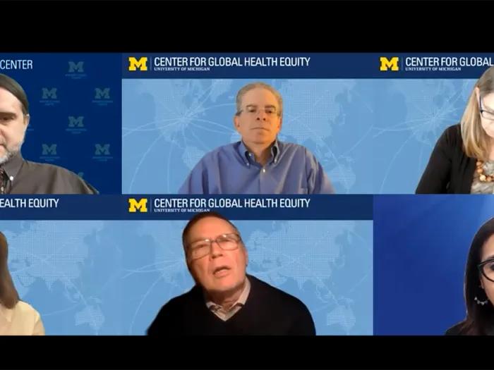 Screenshot of a virtual panel of six people, all with blue backgrounds