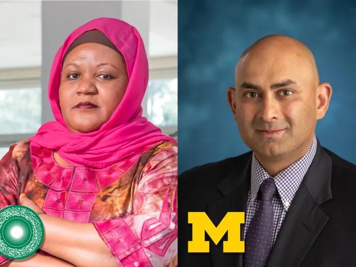 A photo of a woman with her arms crossed, wearing a pink shirt and hijab, next to another photo of a man wearing a black blazer, collared shirt, and tie