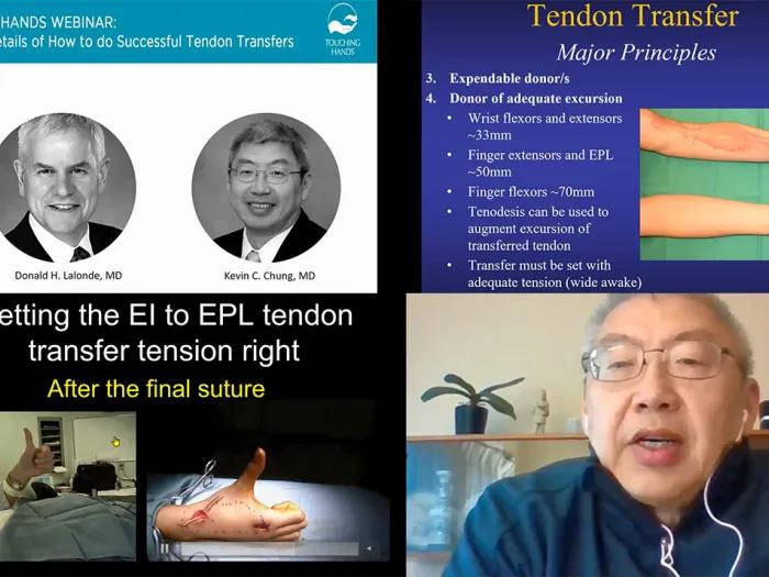 Man wearing earbuds and glasses giving a presentation on a video call, in the bottom right corner of the photo. Three slides from the presentation are displayed in the other quadrants of the photo 