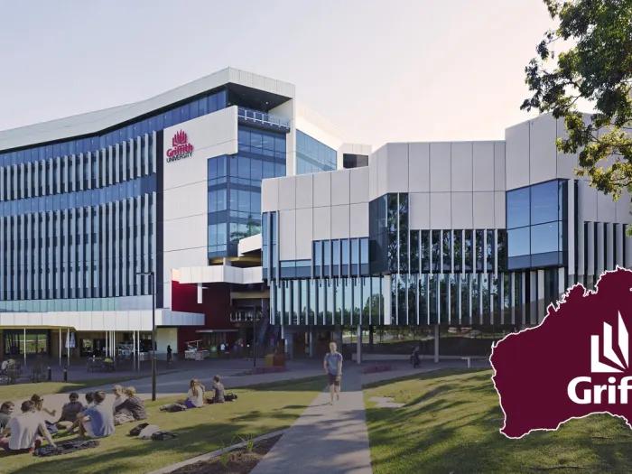 Large hospital building with glass windows, with a lawn in front. A maroon-colored graphic of Australia with the words Griffith written in white is displayed at the bottom right corner