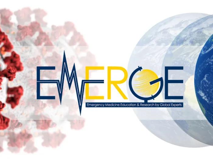 Graphic with images of a virus on the left side and the earth on the right side. The word 'Emerge' is in the middle, with the M styled like a pulse line, and the G tilted slightly