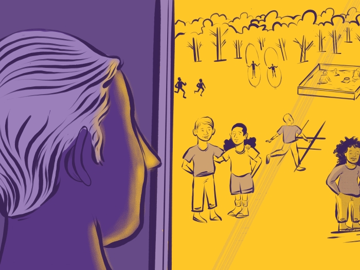 parent close up behind head looking in purple coloring outside door seeing four kids playing together or near eachother in yellow on playground 