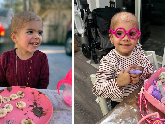 little girl smiling on left and on right wearing pink glasses