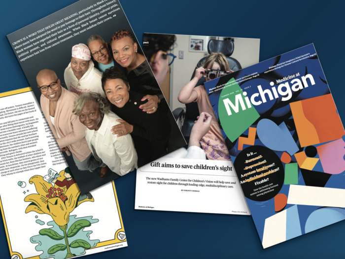 images of four pages in the August 2024 Medicine at Michigan magazine