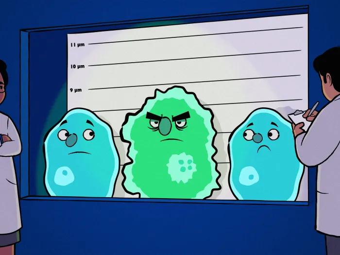 drawing of three cells up against a wall behind glass, with two being blue and seeming innocent and the other green in the middle and angry, and scientists judging them and taking notes
