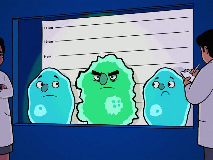 drawing of three cells up against a wall behind glass, with two being blue and seeming innocent and the other green in the middle and angry, and scientists judging them and taking notes