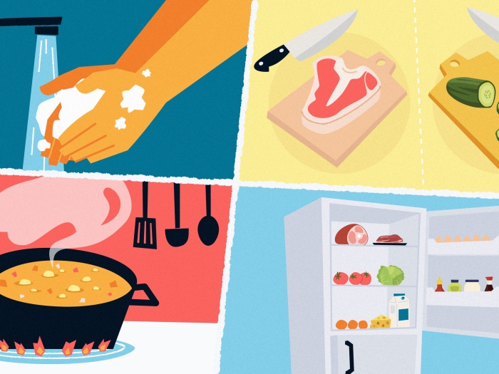 four tiles with top left washing hands with blue background, top right yellow background and two cutting boards with one having meat and one having cucumbers and knives, then bottom left is red background and pot of soup steaming and then bottom right open white fridge with food in it on black background 