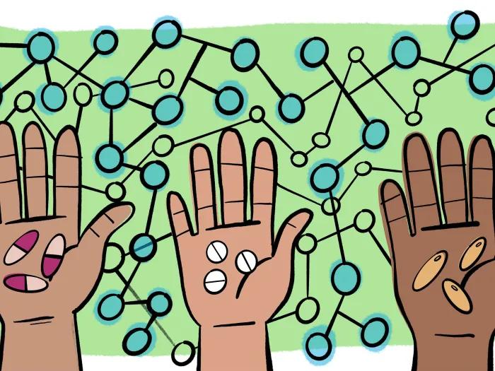 drawing of three hands with pills in hand background green