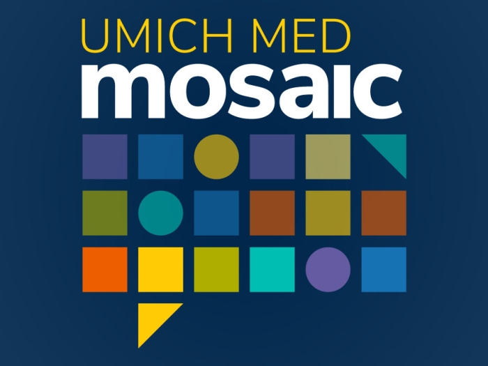 UMich Med Mosaic on blue background with colorful geometric shapes