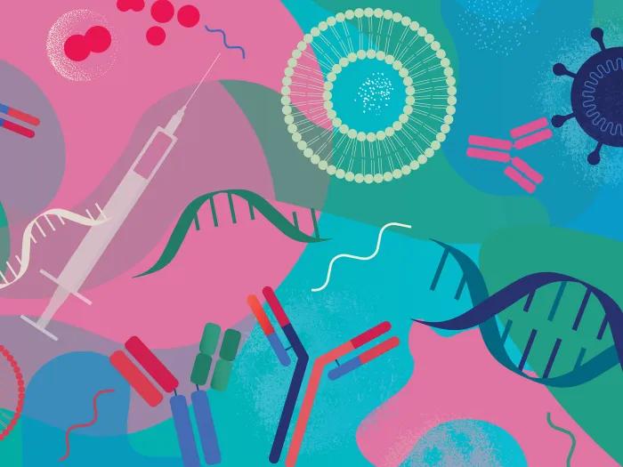 pink blue green floating medicine symbols