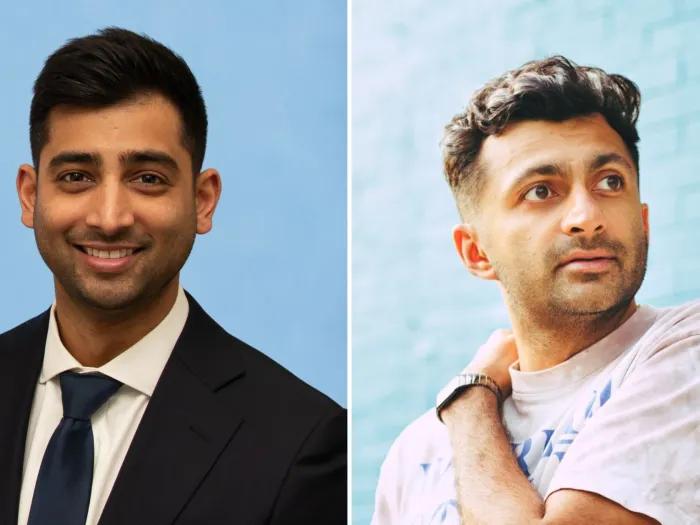 Graphic with Indian-American male doctor in a dark suit and an Indian-American male comedian in a light t-shirt