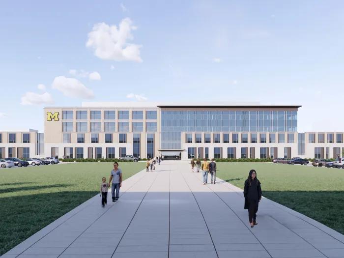 Rendering of new Troy center for specialty care showing front of building and people walking on sidewalk