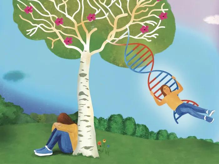 Illustration of person swinging from a tree on a swing made of DNA. A version of the same person is sitting at the base of the tree with their head down.