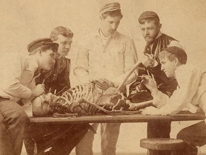 old photo of men sitting around skeleton on table talking