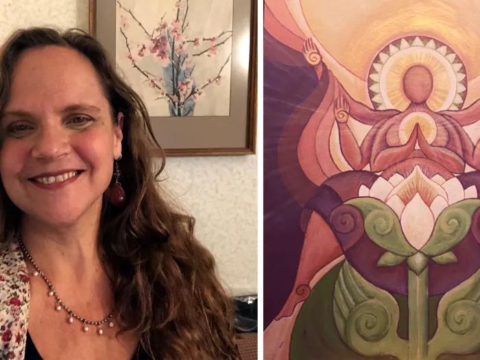 woman with brown hair smiling and painting on right