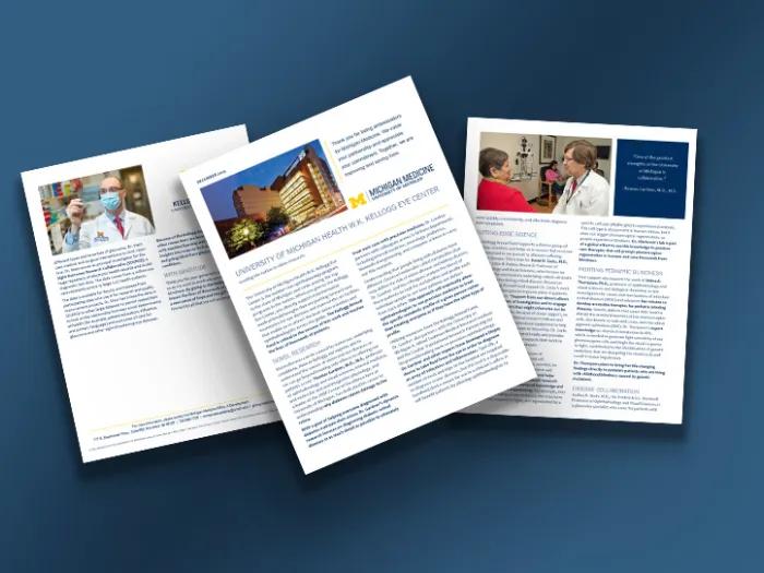 Collage of three overlapping pages from the Kellogg Eye Center impact report.