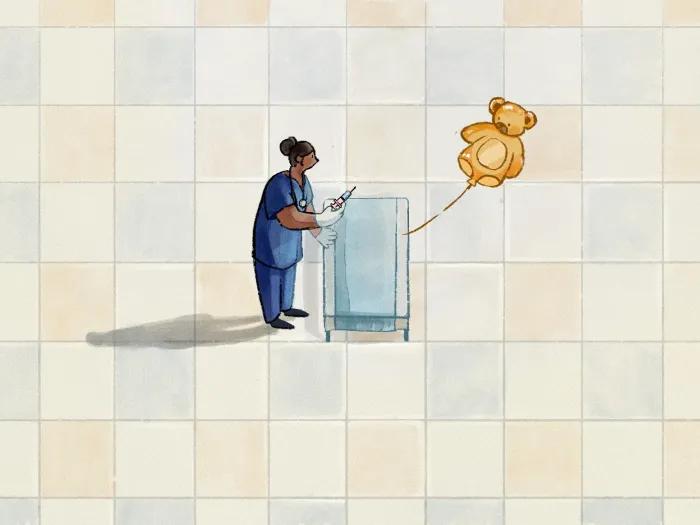 woman holding shot with floating teddy bear balloon