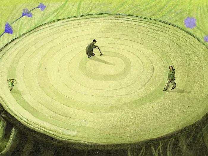 circle where older person and middle aged person and young child walking 