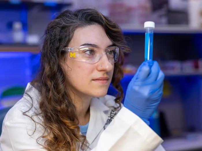 laboratory technician looking at a test tube sample