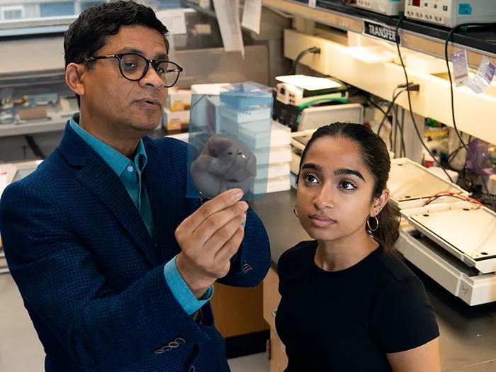 Male researcher views microscopic slide with young female student