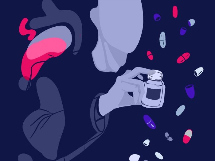 pills falling to outline bottle pink purple white grey on dark navy background