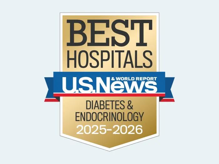 Badge with text: Badge with text: Best Hospitals U.S. News & World Report, Diabetes & Endocrinolgy 2025-2026