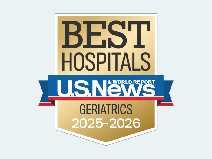 Badge with text: Best Hospitals U.S. News & World Report, Geriatrics 2025-2026