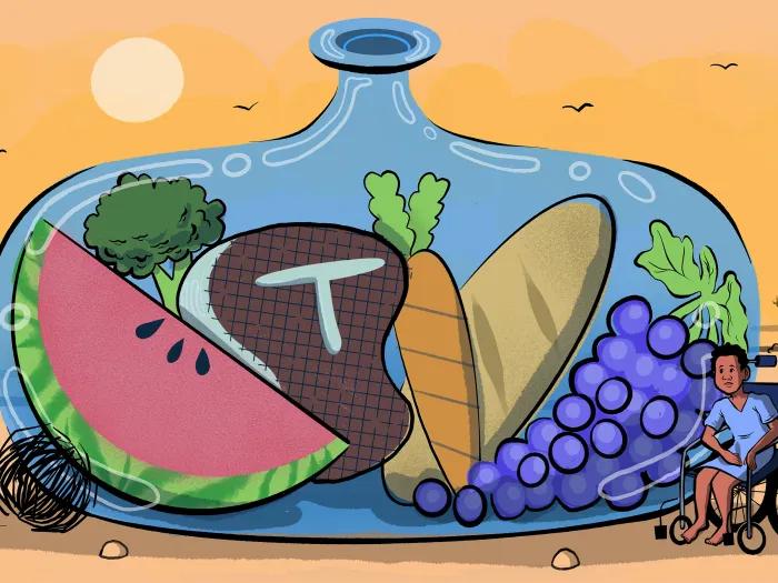 food in a glass bowl child outside of it in a desert drawing
