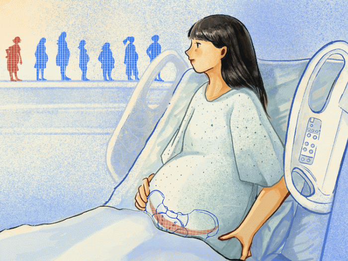 woman in hospital bed with people in distance in purple and one in redand lower area highlighted lighting up 