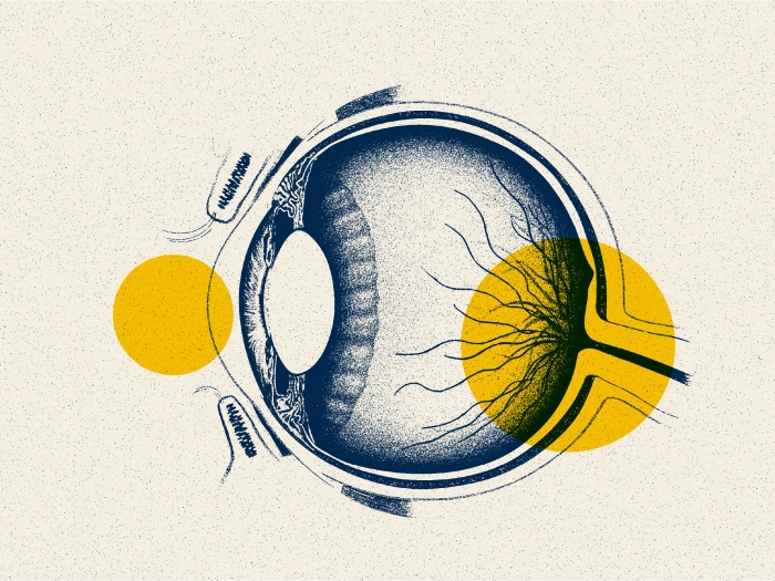 eye drawn out with blue and yellow and off white background