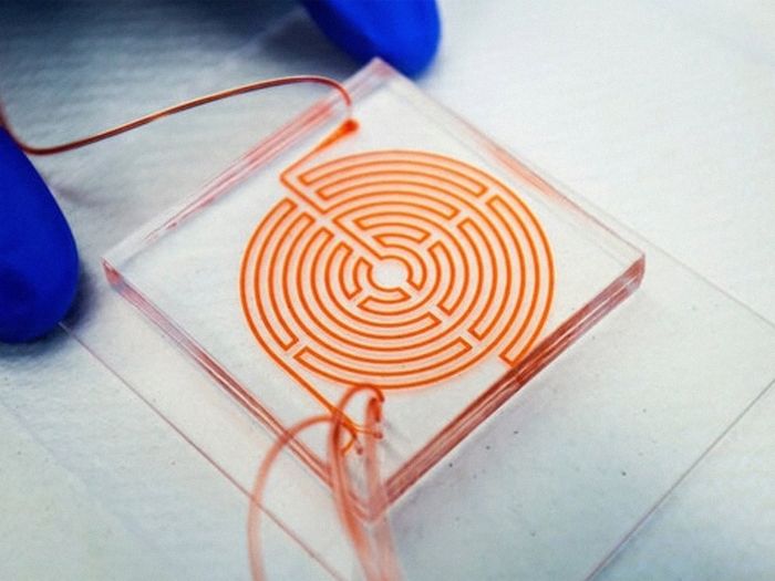 puzzle looking string of orange with lab gloves blue