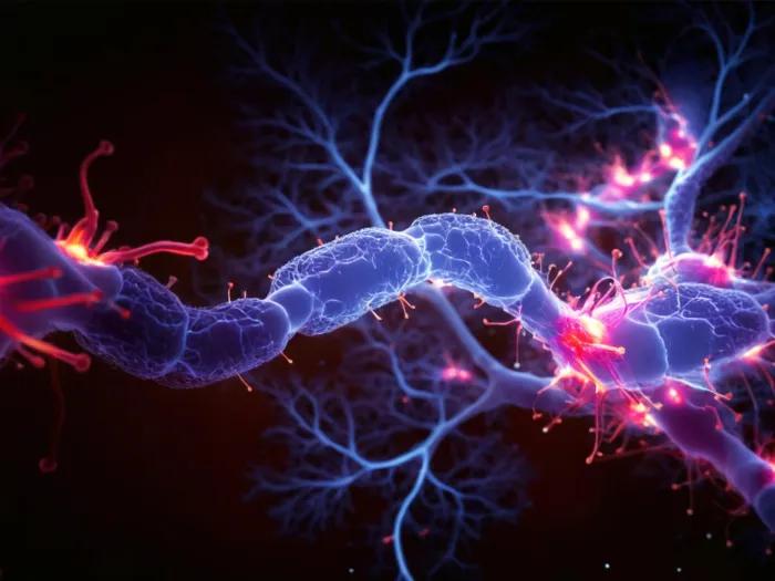 black background with long bendy purple nerve with different pain points in red throughout