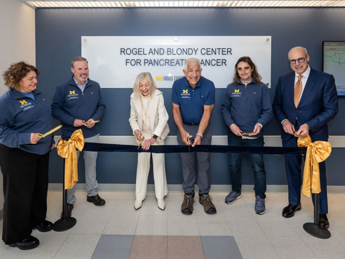 Susan and Richard Rogel stand with Dr. Eric Fearon the director of the Rogel Cancer Center as well as the leaders of the new Rogel and Blondy Center for Pancreatic Cancer Research