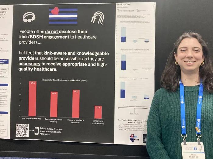A person stands in front of a research poster about mental healthcare utilization for kink-identified patients, featuring survey results and graphs on reasons for non-disclosure to healthcare providers. The person wears a green sweater and a conference lanyard with a badge.