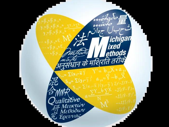 The Mixed Methods Program logo is designed with a blue and yellow circle intersecting one another, with a white M on the top right half of the blue circle. 