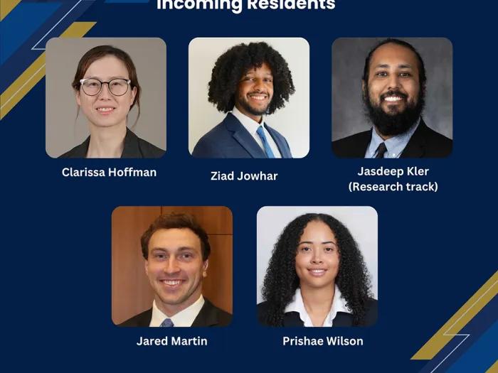 Decorative graphic with a headshot photos of Clarissa Hoffman, Ziad Jowhar, Jasdeep Kler, Jared Martin and Prishae Wilson